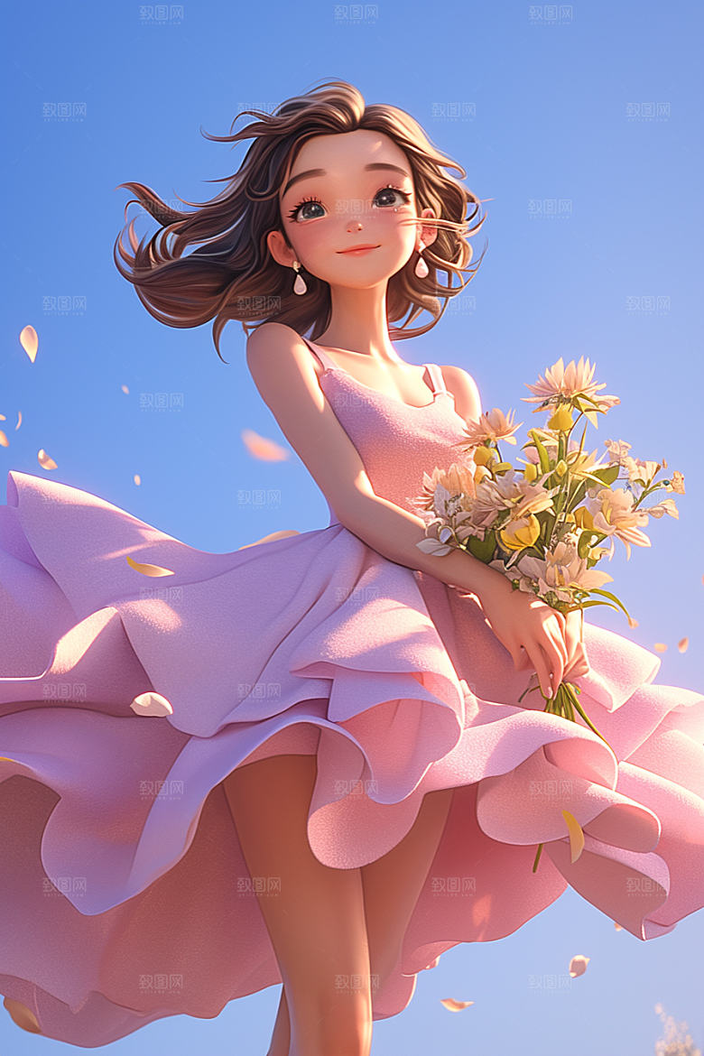 手捧鲜花的少女烂漫清新素材