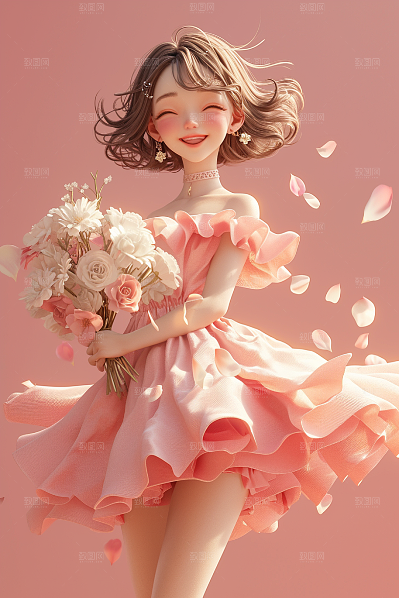 手捧鲜花的少女青春春天素材
