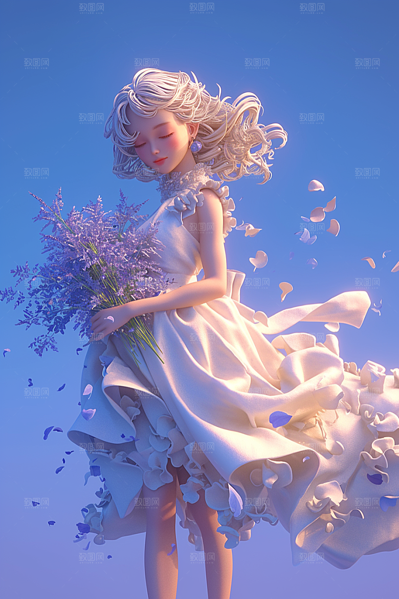 手捧鲜花的少女烂漫肖像素材