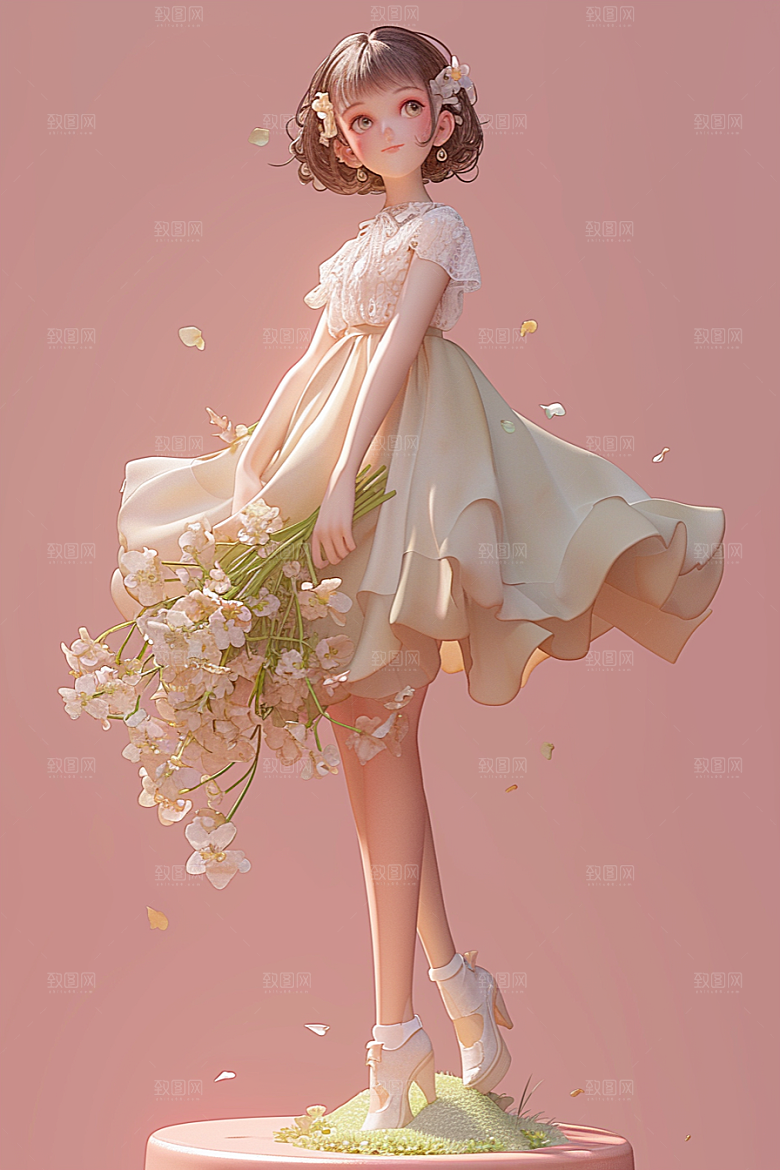 手捧鲜花的少女梦幻模型素材
