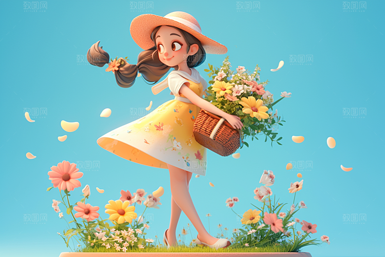 手捧鲜花的少女3D飞舞的裙摆素材