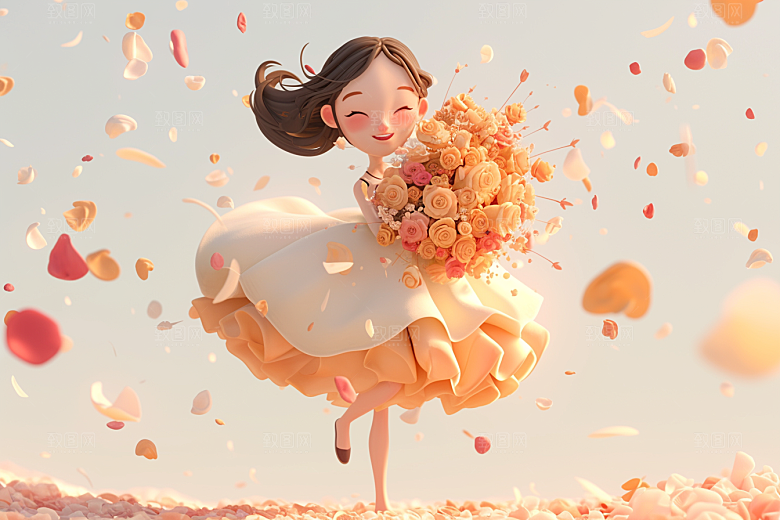手捧鲜花的少女梦幻3D素材