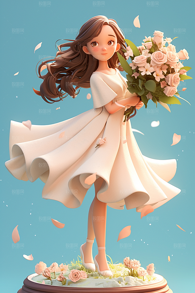 手捧鲜花的少女烂漫3D素材