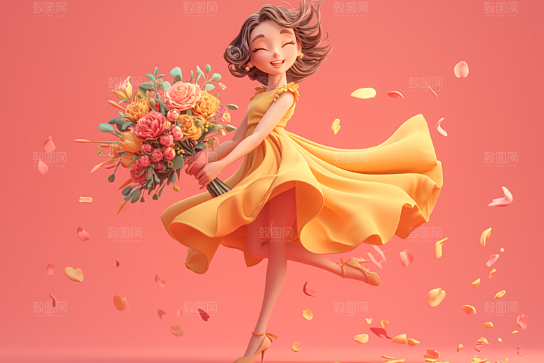 手捧鲜花的少女青春唯美素材