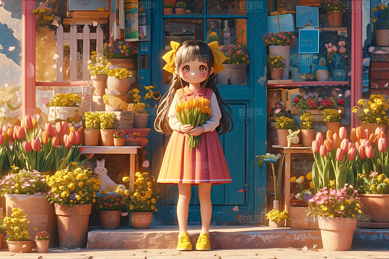 手捧鲜花的少女春天自然素材