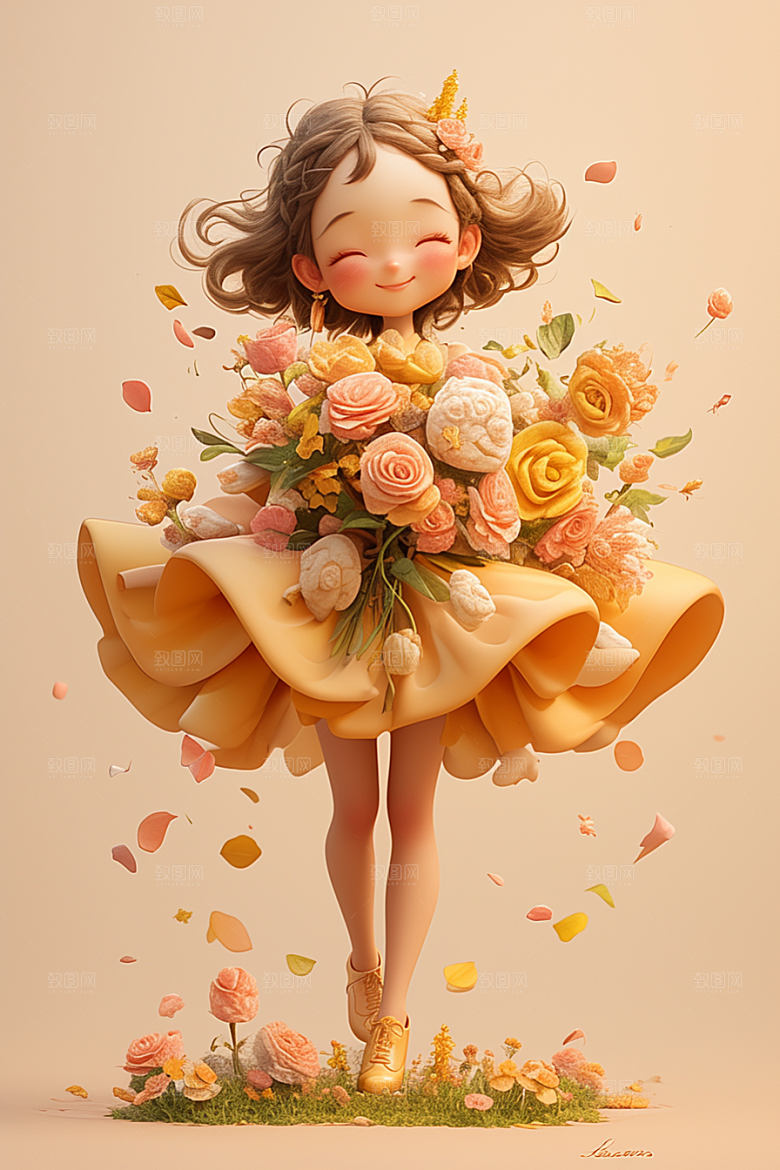 手捧鲜花的少女烂漫青春素材
