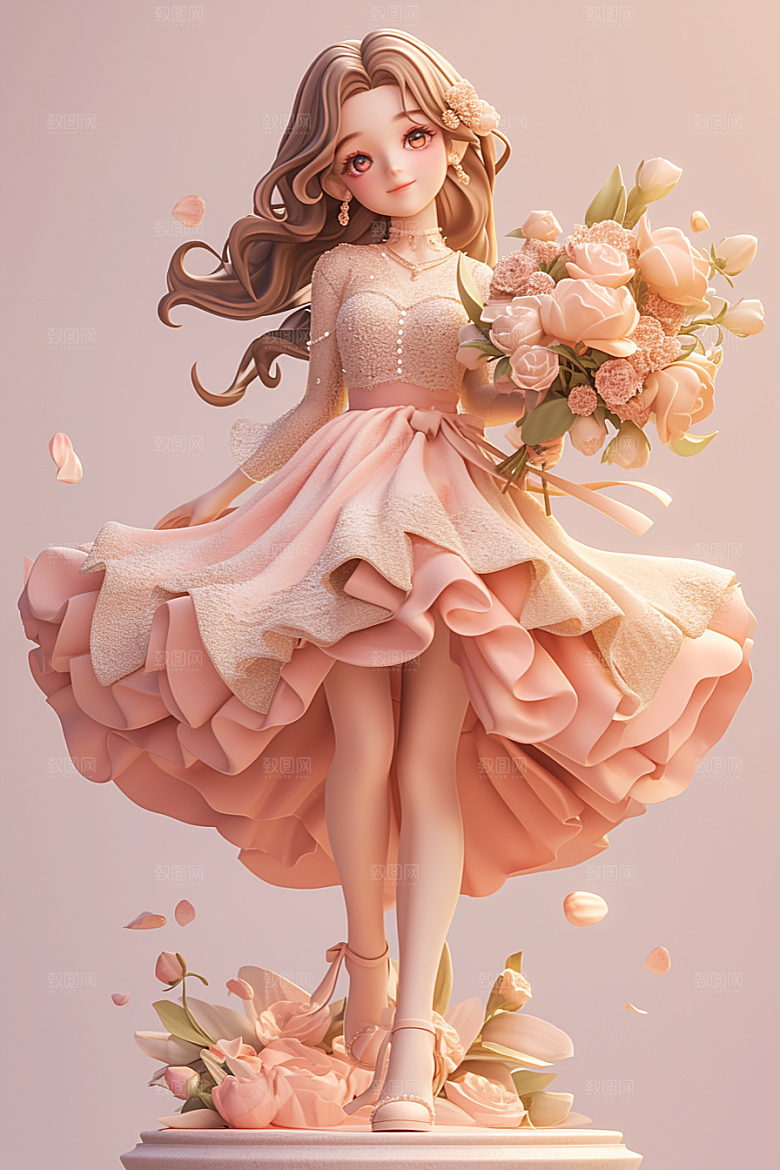 手捧鲜花的少女春天3D素材