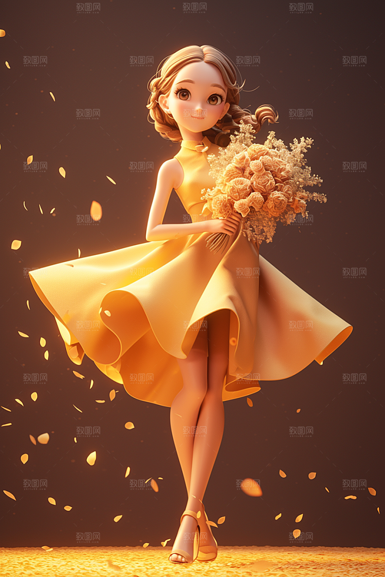 手捧鲜花的少女飞舞的裙摆立体素材