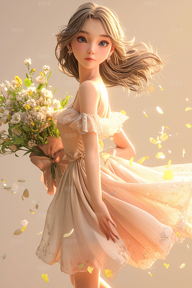 手捧鲜花的少女唯美烂漫素材