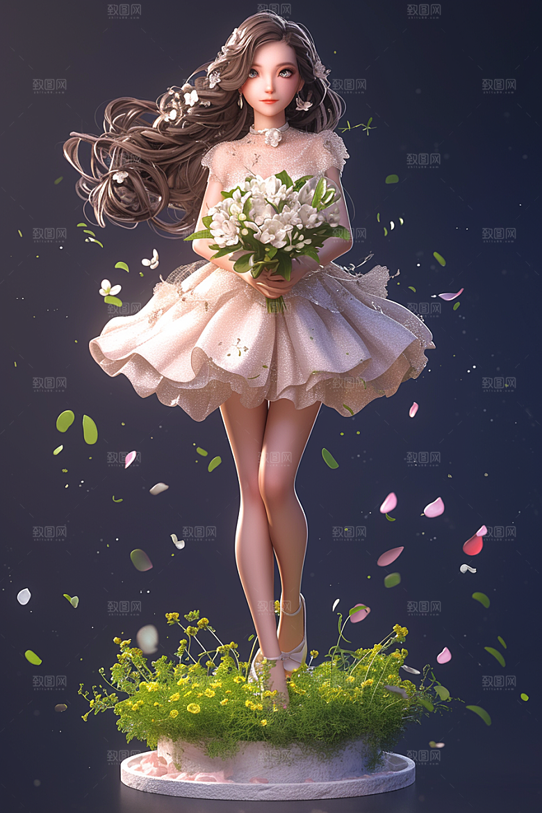 手捧鲜花的少女3D烂漫素材