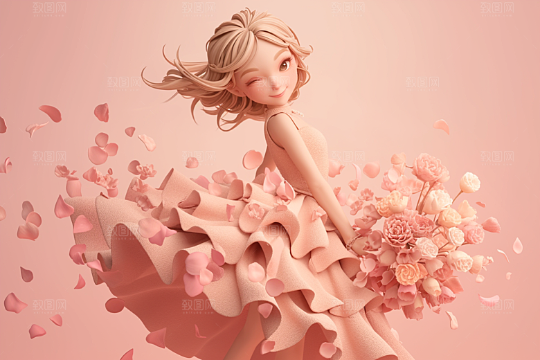 手捧鲜花的少女梦幻3D素材