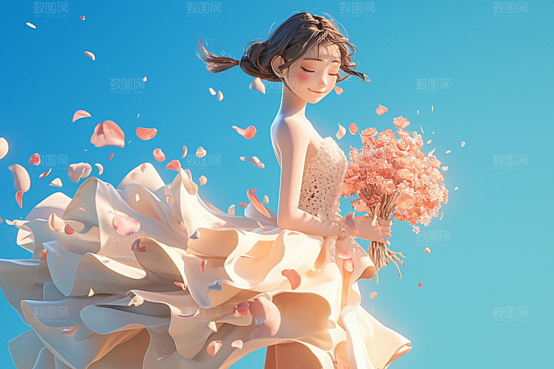 手捧鲜花的少女梦幻飞舞的裙摆素材