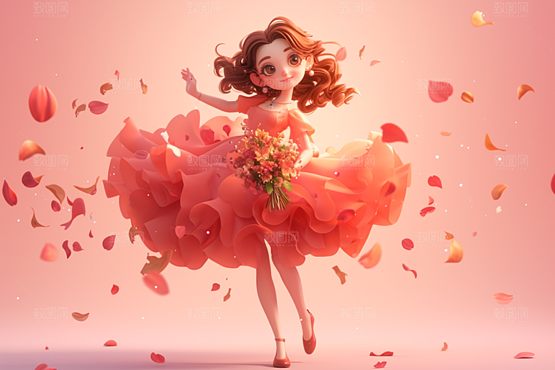 手捧鲜花的少女春天模型素材