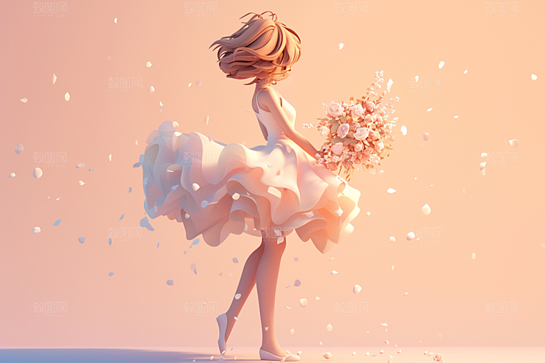 手捧鲜花的少女梦幻花朵素材