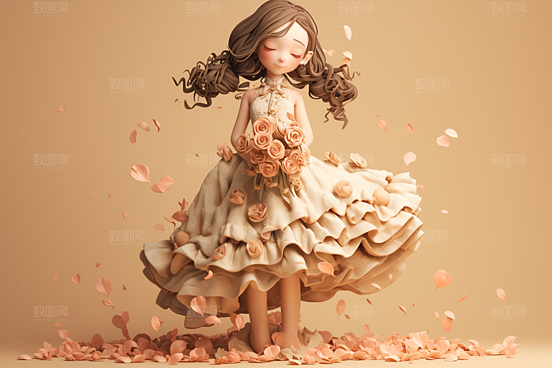 手捧鲜花的少女3D肖像素材