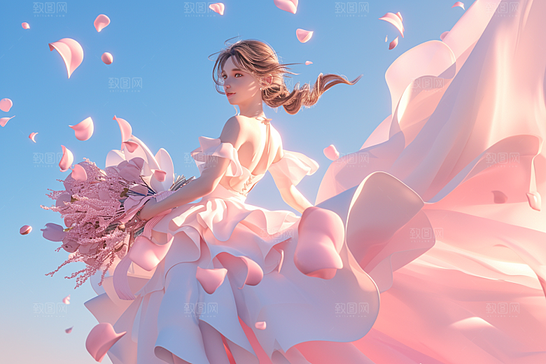 手捧鲜花的少女立体梦幻素材