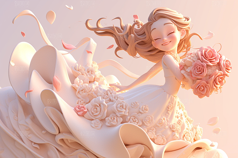 手捧鲜花的少女清新3D素材