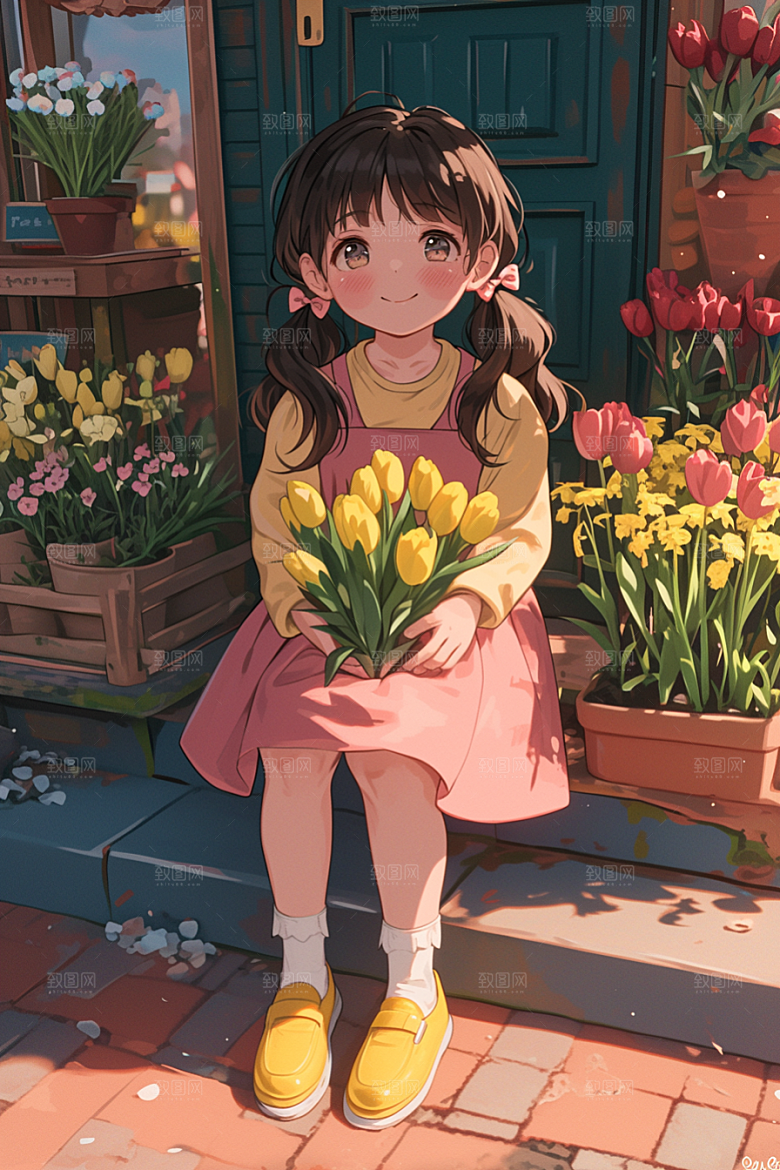 手捧鲜花的少女立体清新素材