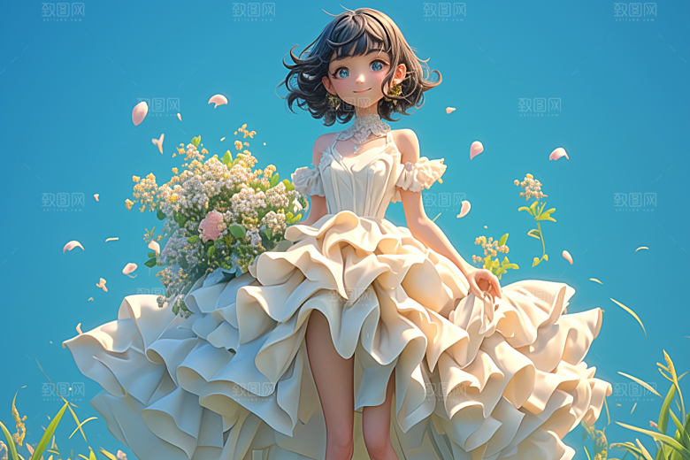 手捧鲜花的少女唯美飞舞的裙摆素材