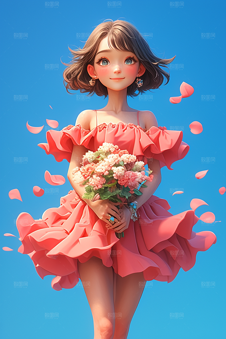 手捧鲜花的少女立体烂漫素材