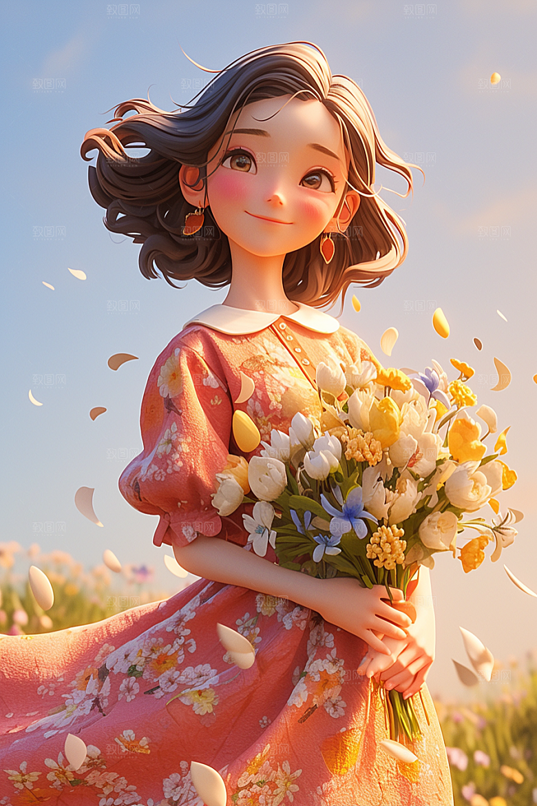 手捧鲜花的少女花朵青春素材