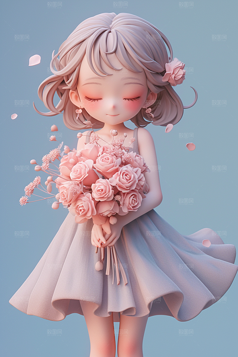 手捧鲜花的少女花朵自然素材