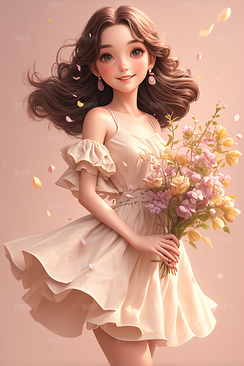 手捧鲜花的少女3D唯美素材