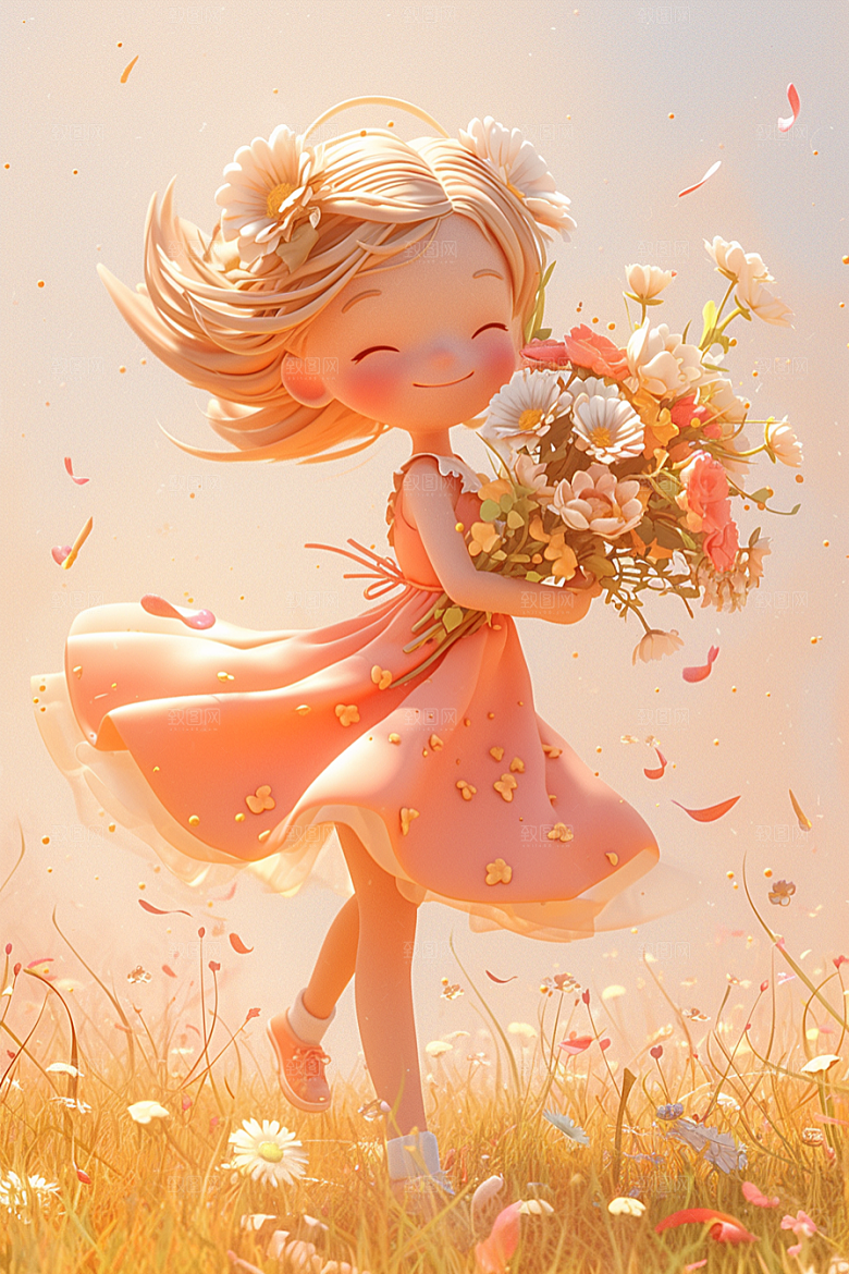 手捧鲜花的少女3D花朵素材