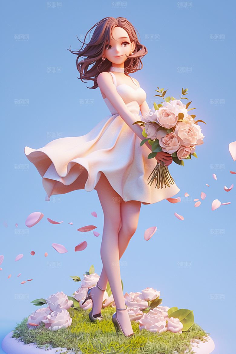 手捧鲜花的少女人物春天素材