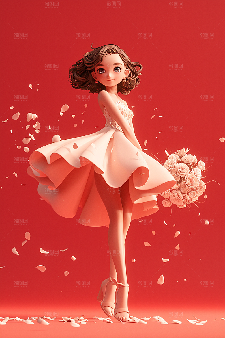 手捧鲜花的少女春天模型素材