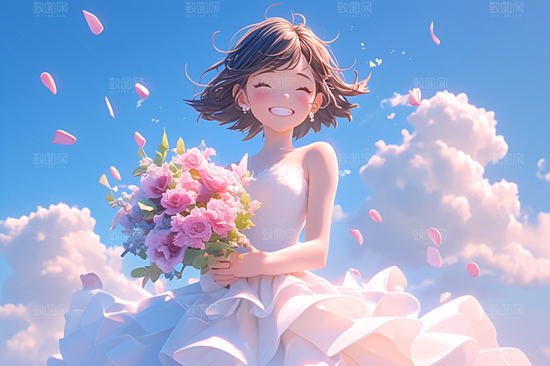 手捧鲜花的少女清新自然素材