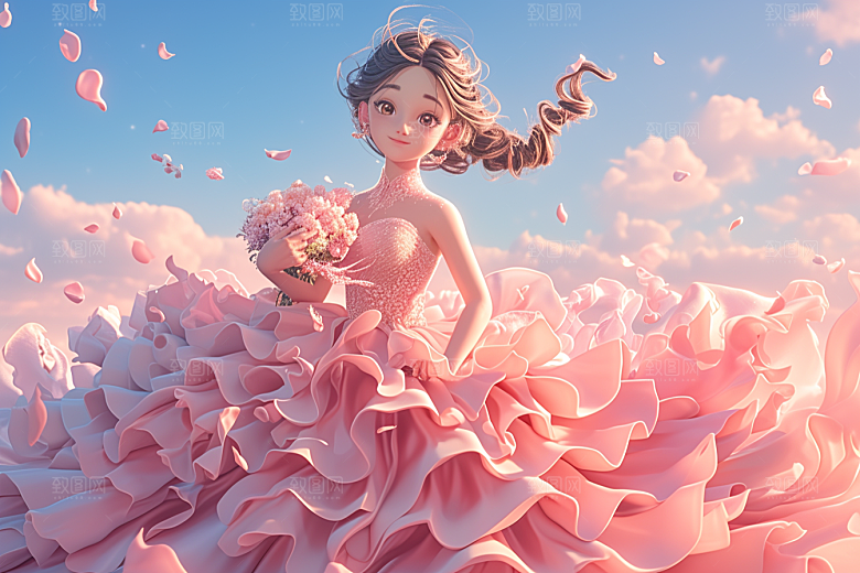 手捧鲜花的少女花朵梦幻素材