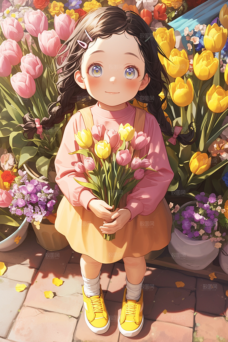 手捧鲜花的少女自然烂漫素材