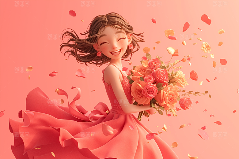 手捧鲜花的少女烂漫自然素材