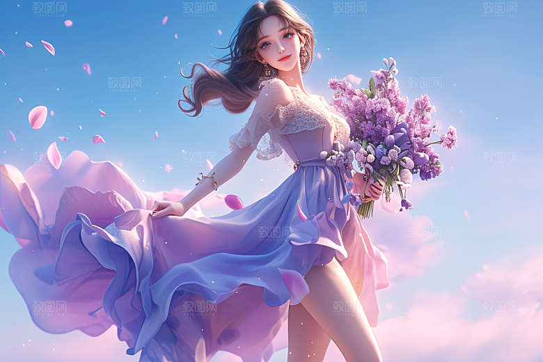 手捧鲜花的少女自然清新素材
