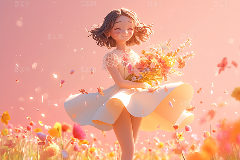 手捧鲜花的少女模型梦幻素材