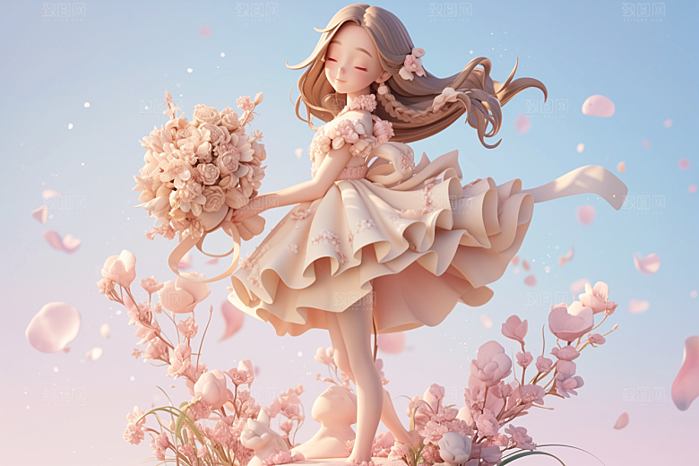 手捧鲜花的少女春天肖像素材