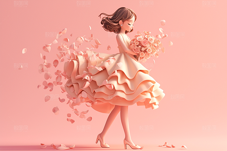 手捧鲜花的少女春天烂漫素材