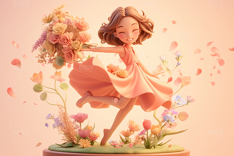 手捧鲜花的少女春天青春素材