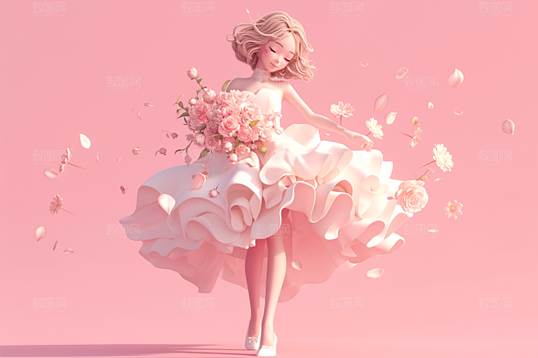 手捧鲜花的少女花朵立体素材
