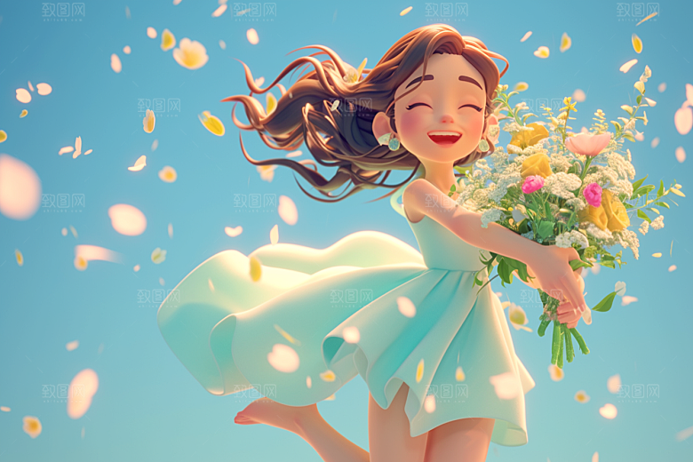 手捧鲜花的少女梦幻唯美素材