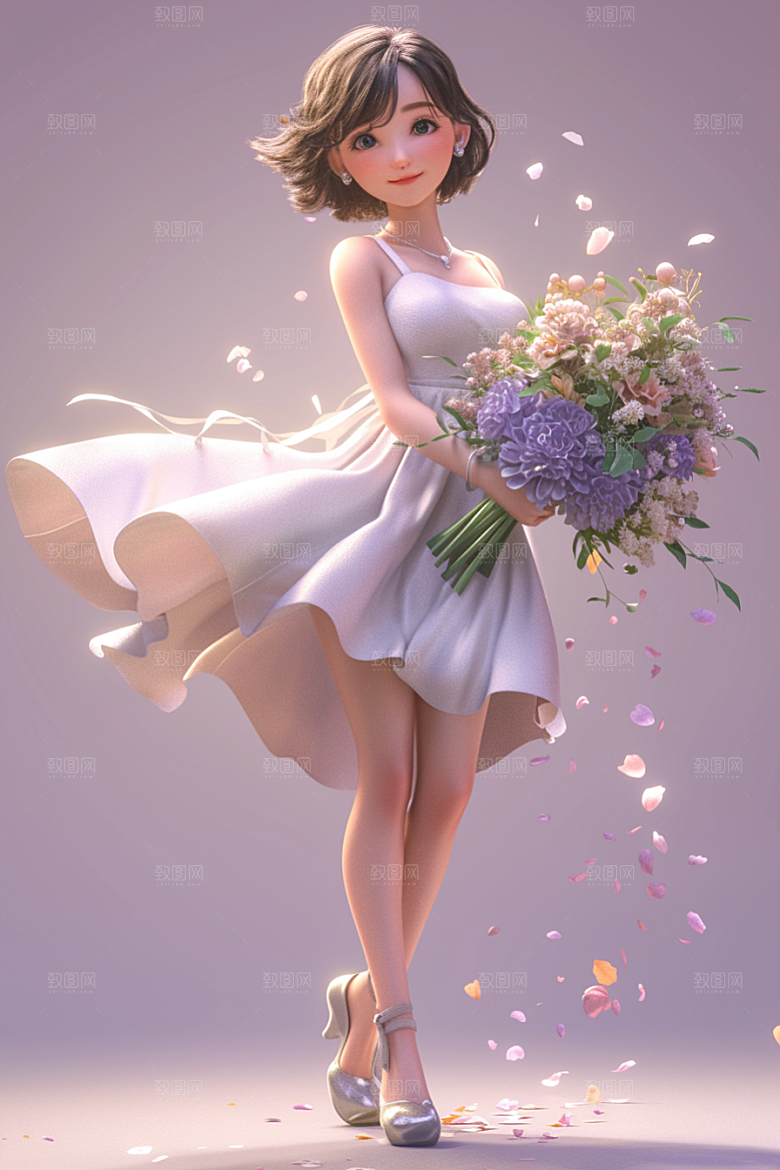 手捧鲜花的少女烂漫人物素材