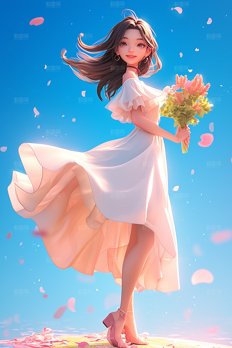 手捧鲜花的少女立体3D素材