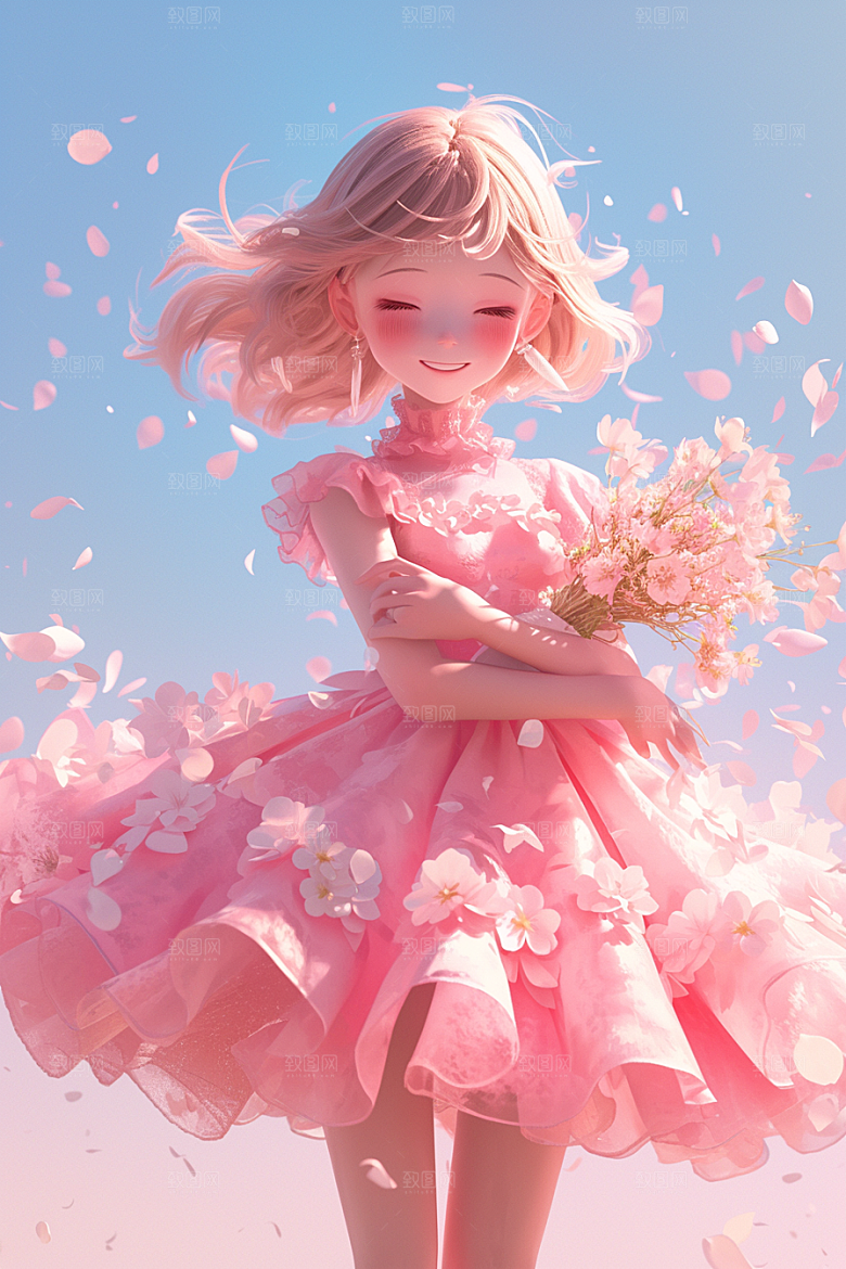 手捧鲜花的少女花朵模型素材
