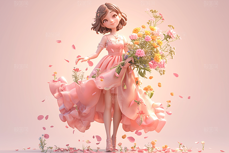 手捧鲜花的少女自然花朵素材