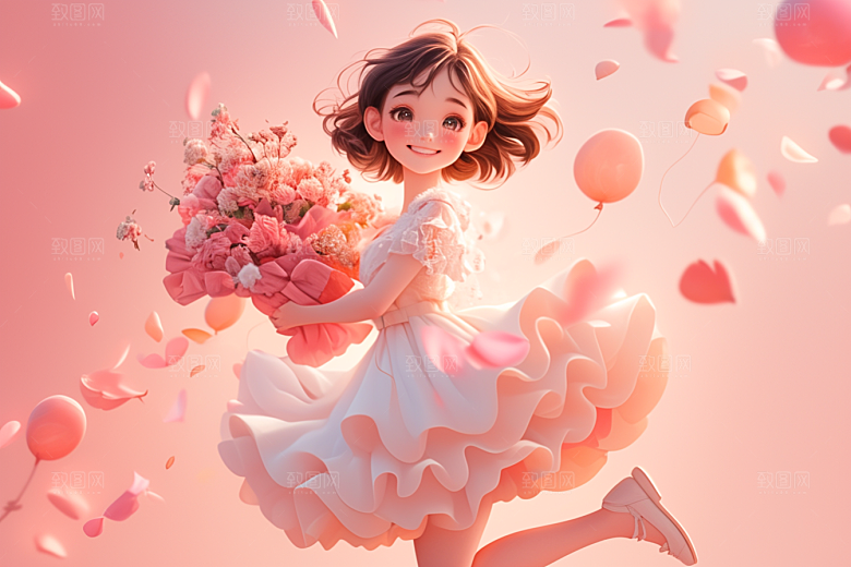 手捧鲜花的少女立体人物素材