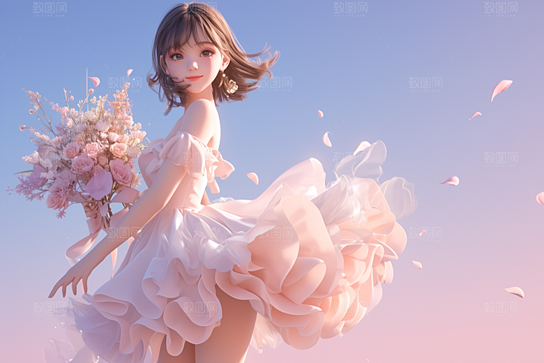 手捧鲜花的少女花朵肖像素材