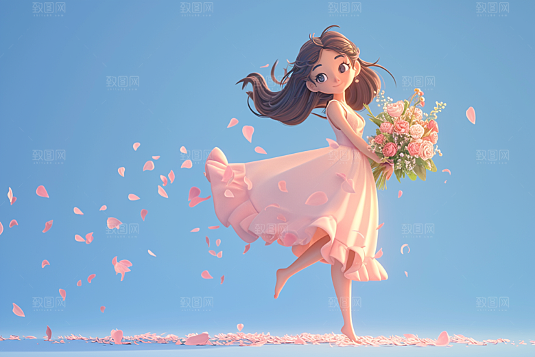 手捧鲜花的少女唯美青春素材