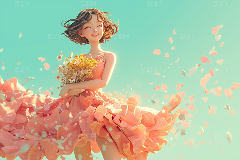 手捧鲜花的少女梦幻肖像素材