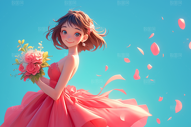 手捧鲜花的少女人物肖像素材
